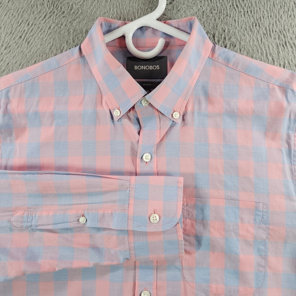 Bonobos Mens Slim Fit Gingham Check Button‎ Down Shirt Pink Blue Cotton Medium